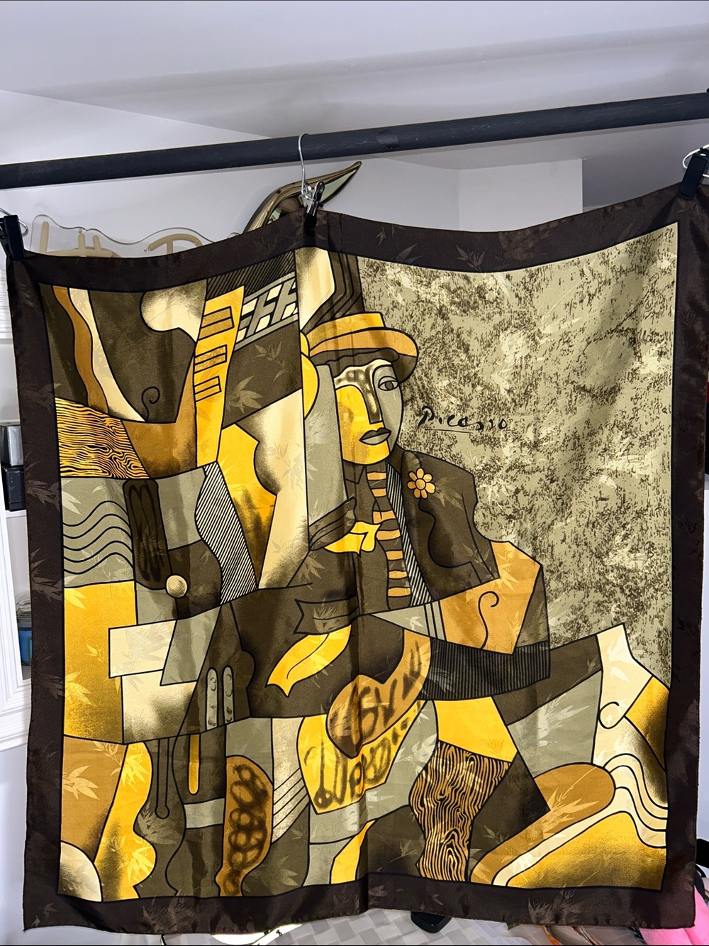Yellow Brown Abstract Cubist  Faux Silk Scarf